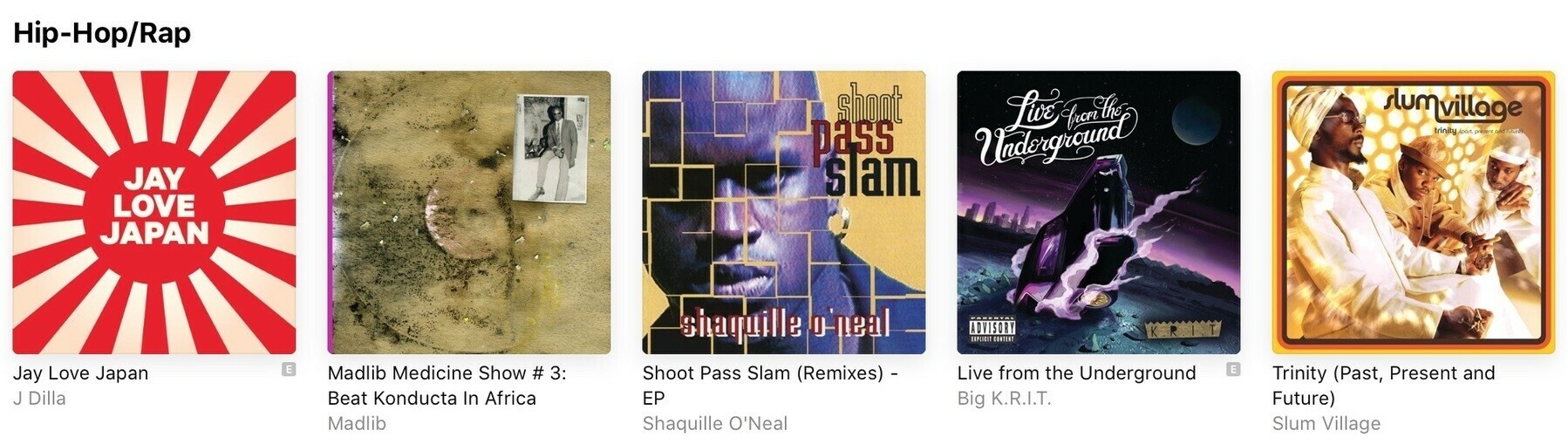 Album covers of J-Dilla, Madlib, Shaquille O’Neal, Big Krit, Slum Village