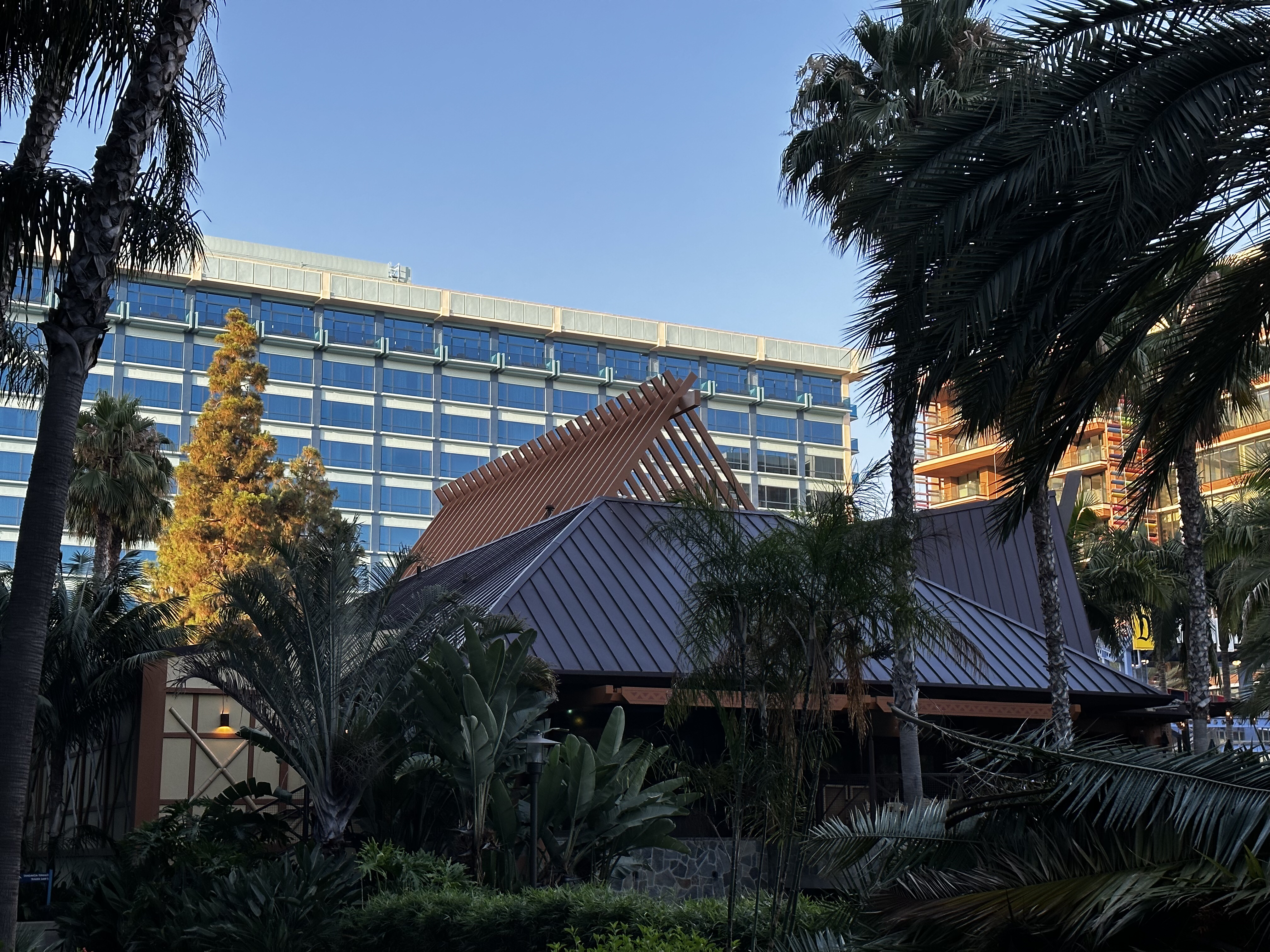 The Disneyland Hotel resort, including Trader Sam’s, very early in the morning.