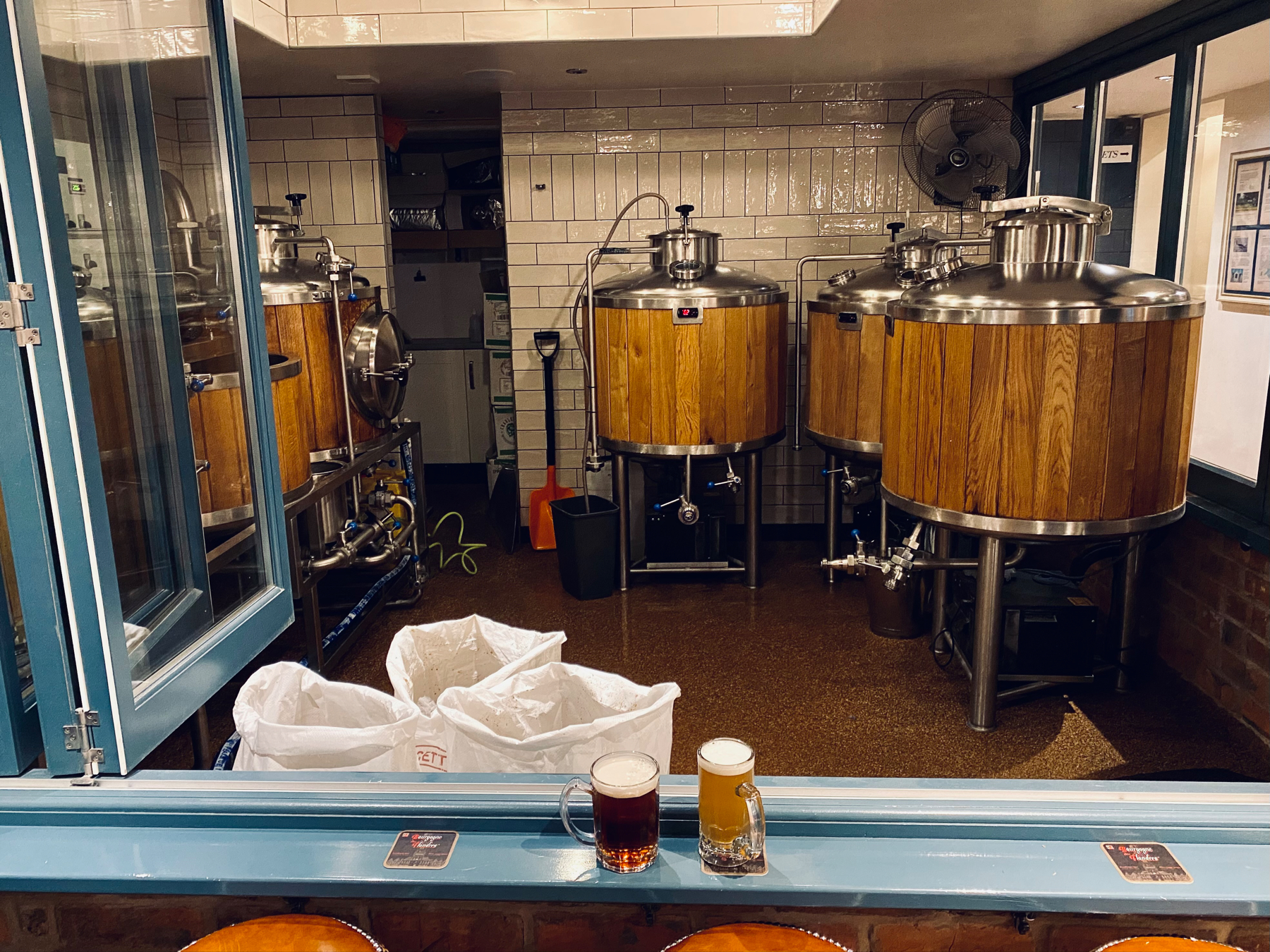 Glasses of beer in front of brewing vats