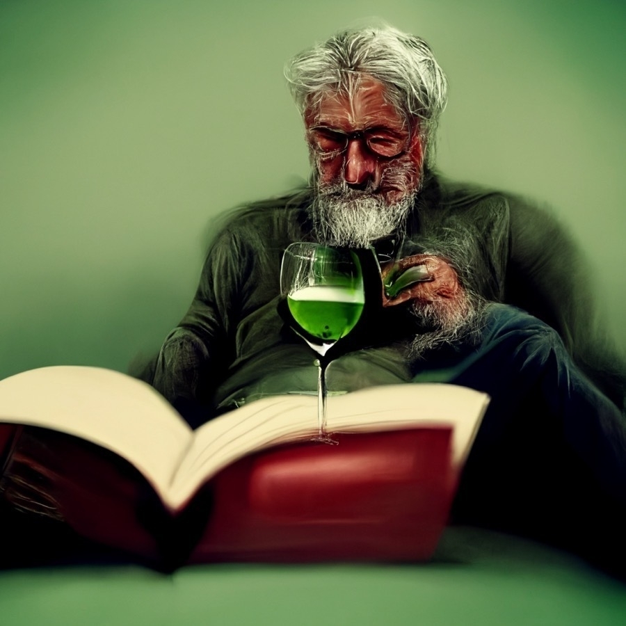 seated grey haired man with a bushy grey beard drinks a glass of red wine and reads a green book