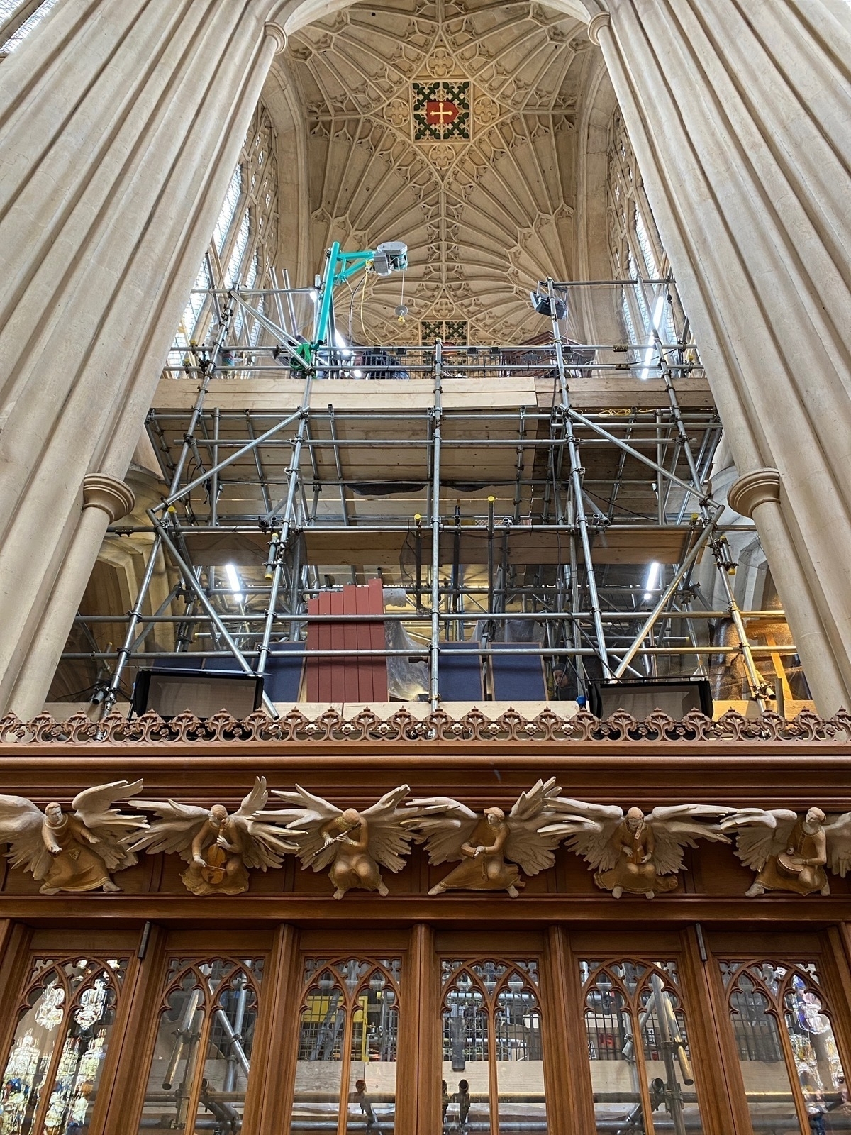 Scaffolding in a vaulted church ceiling