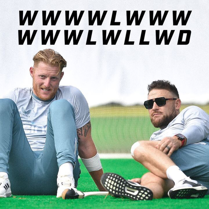 Picture of Ben Stokes and Brendan McCullum with WWWWLWWWWWWLWWLLWD superimposed on the top