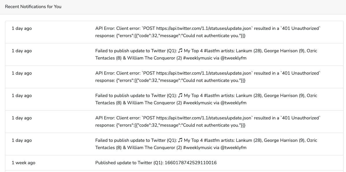 Screenshot of API errors when trying to post to Twitter