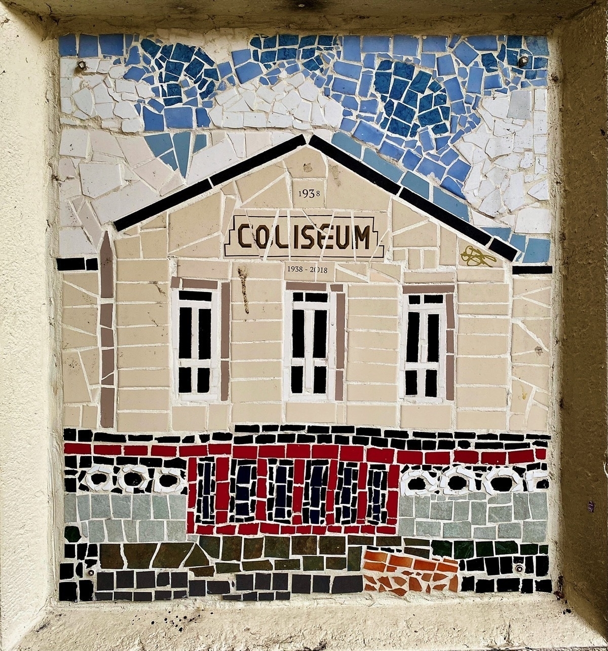 Tiled mosaic of 1930s Aberdare Coliseum theatre building