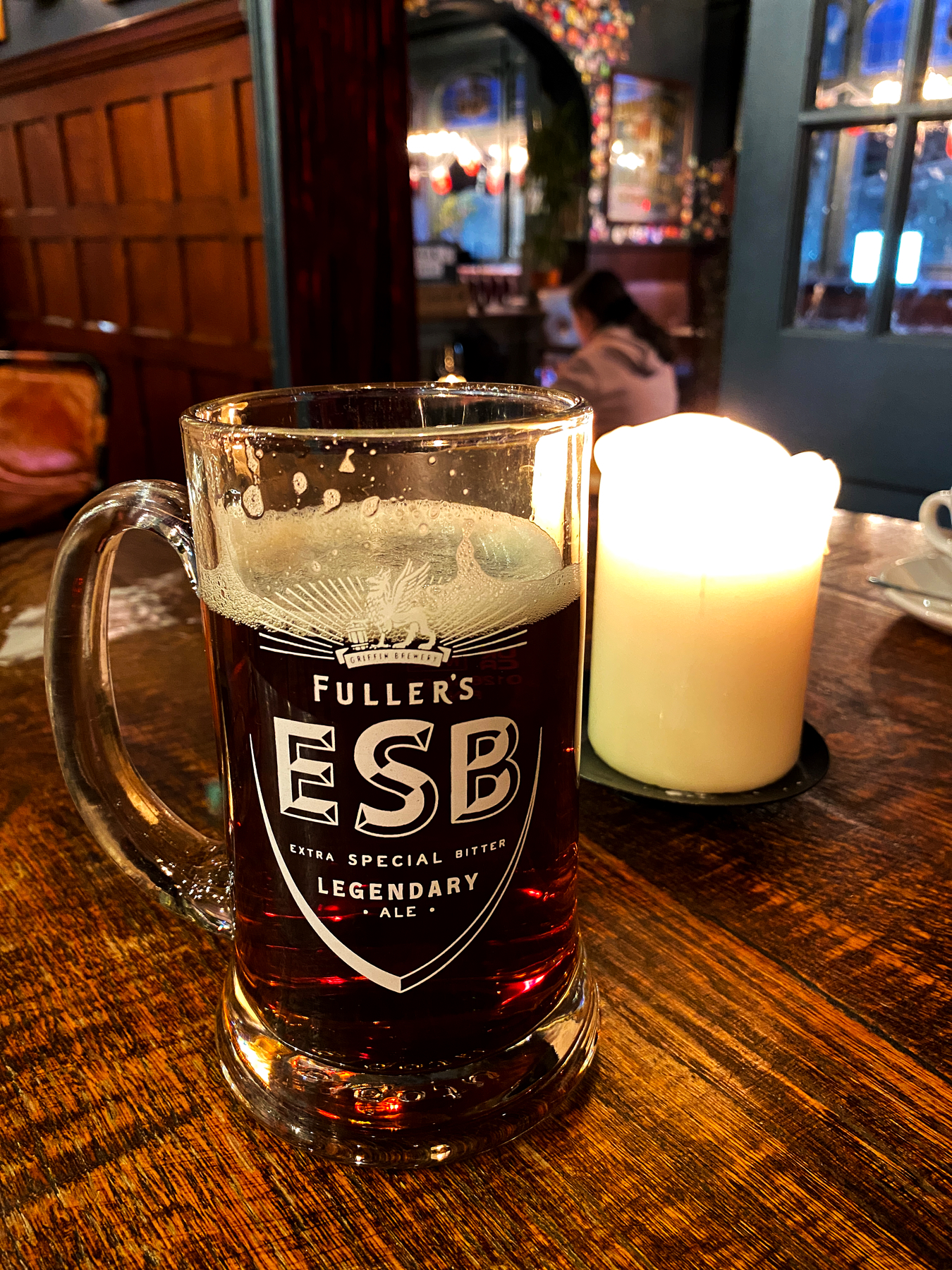  Candlelit pint of beer on a pub table