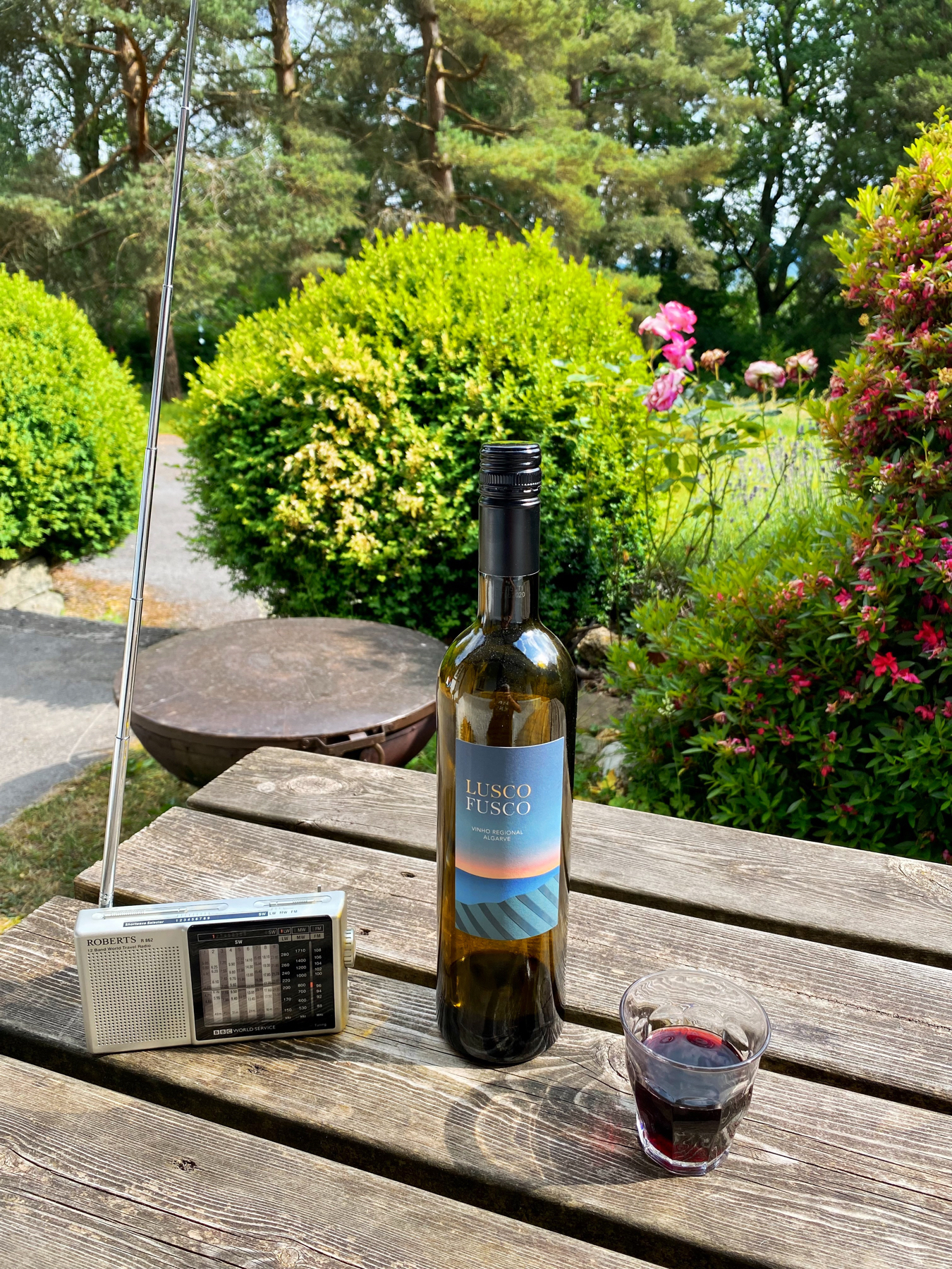 Bottle of red wine, glass of red wine and small radio on a wooden table with a garden backdrop