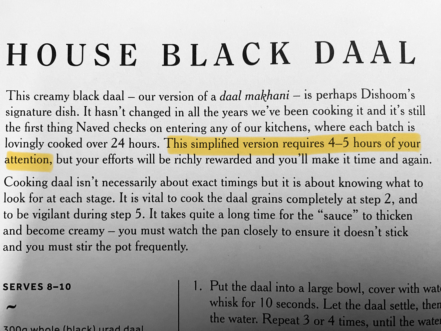 Photograph of a cookbook page detailing a recipe for House Black Daal. The text describes the dish as a version of daal makhani, a signature dish of Dishoom that is cooked over 24 hours.