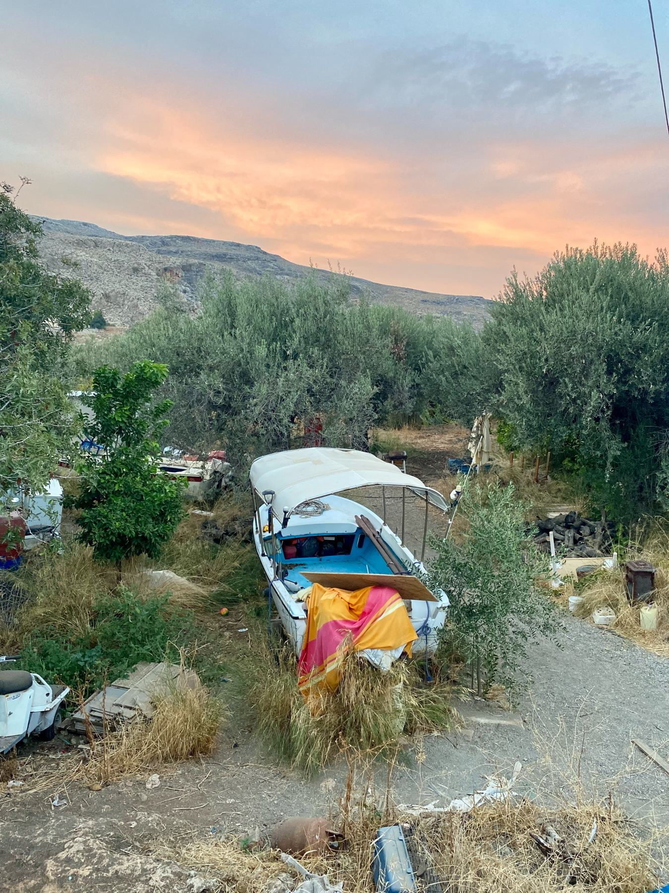 A small, weathered boat with a canopy is surrounded by overgrown grass and trees. An orange and pink cloth is draped over the front. A dirt path runs alongside, and the background features hills and a colorful sunset sky. Various scattered items