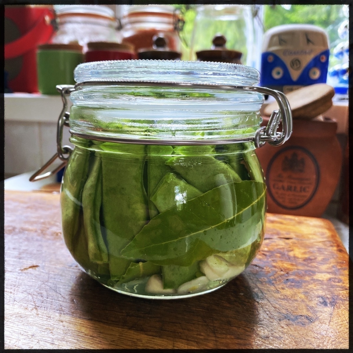 A glass jar filled with pickled green beans and herbs is placed on a wooden surface with various kitchen items in the background.