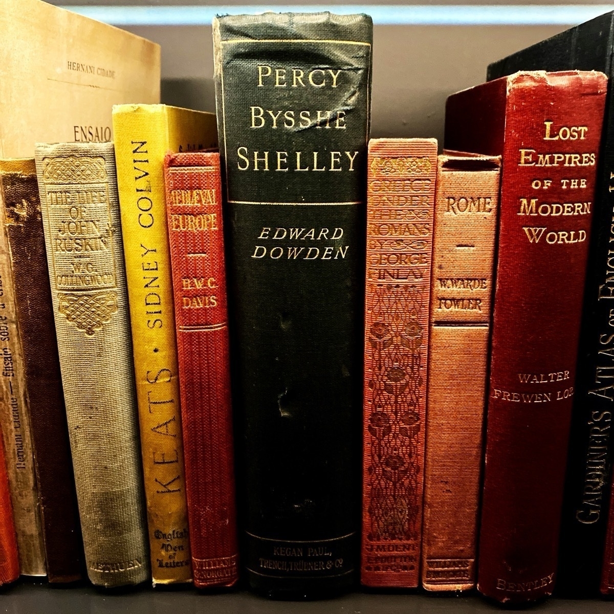 A collection of old books with worn spines on a bookshelf, including works by Percy Bysshe Shelley and John Keats