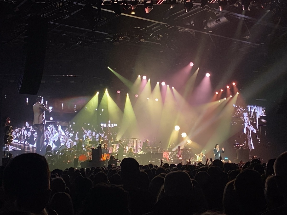 A lively concert scene with a performer on stage, vibrant lighting, and a large crowd. The backdrop features a screen displaying the performer, surrounded by musical instruments and band members.