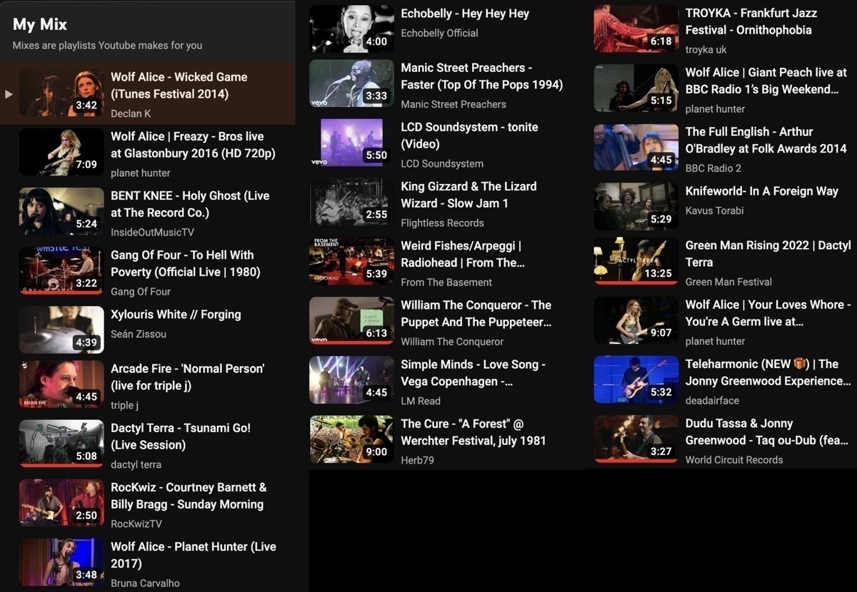 Screen capture of a playlist of songs generated by YouTube