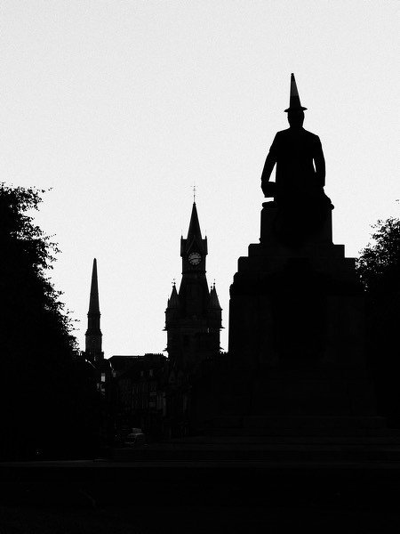 Carnegie statue, Dunfermline with traffic cone on head.