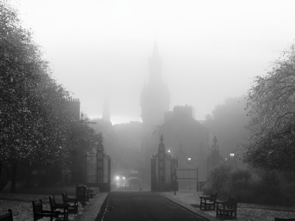 Dunfermline City Chambers in morning fog.
