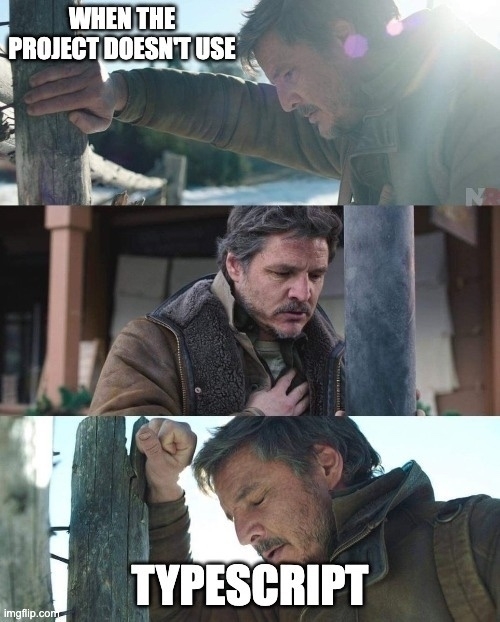 pedro pascal having a panic attack in a triptych with the caption "when the project doesn't use typescript" 