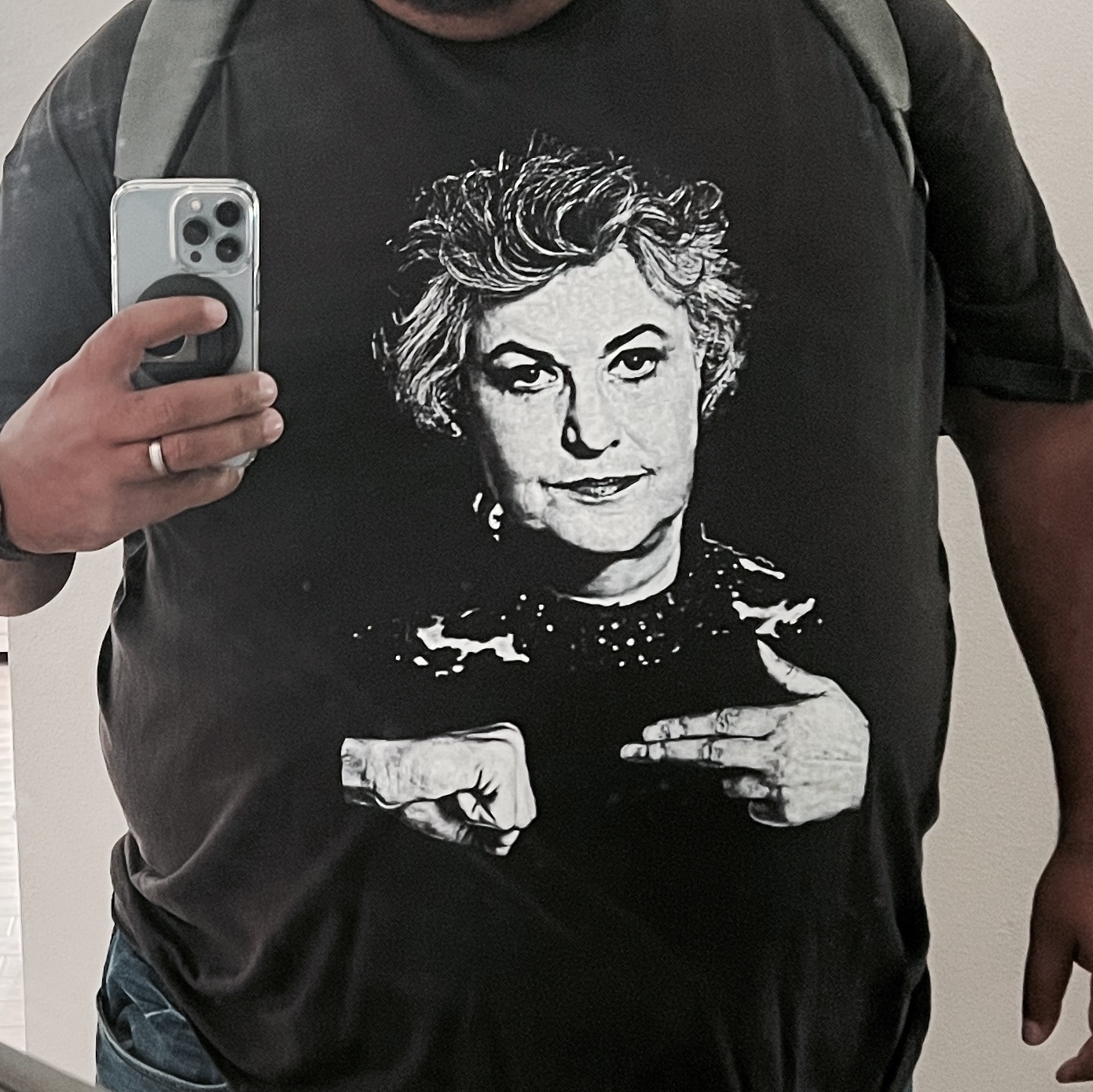 Me wearing a black tshirt with Bea Arthur with her hands doing the Run The Jewels sign