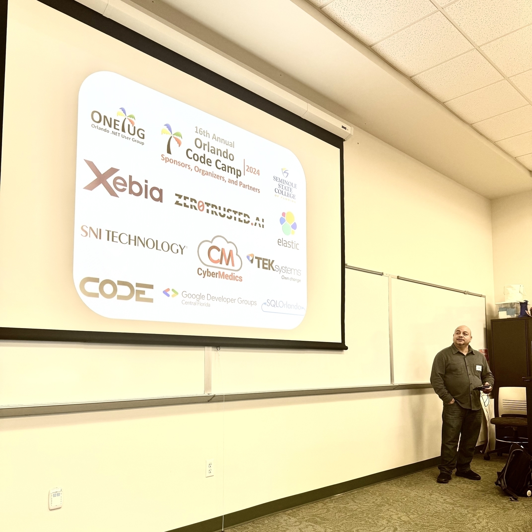 Slide showing Orlando Code Camp Sponsors and speaker Javier Carrion.
