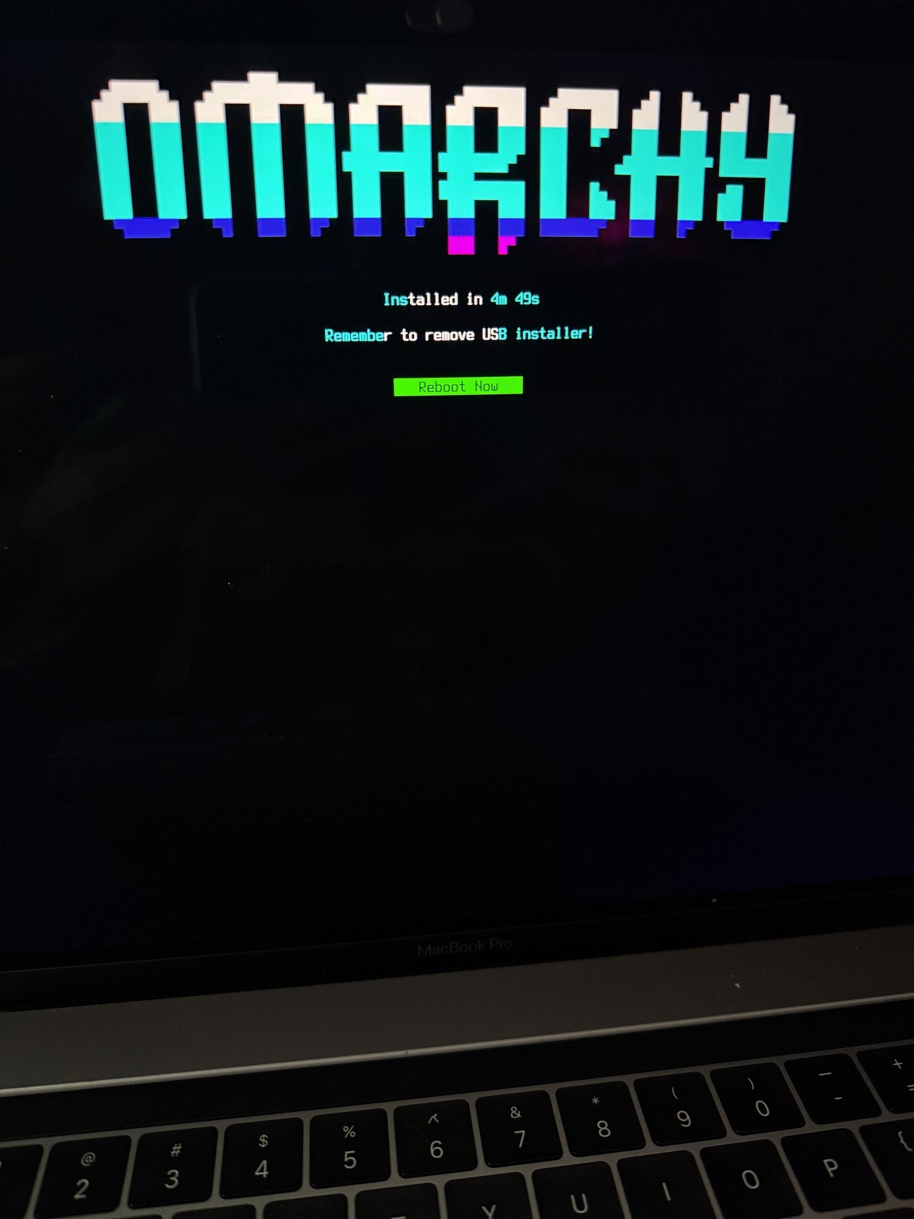 Screenshot of Omarchy finished installing in MacBook Pro