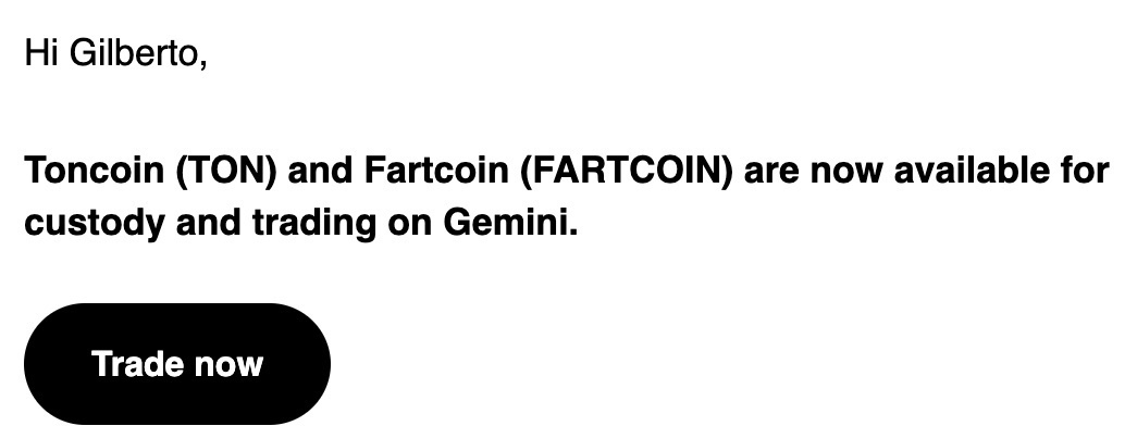 Toncoin (TON) and Fartcoin (FARTCOIN) are available for custody and trading on Gemini, with a "Trade now" button included.