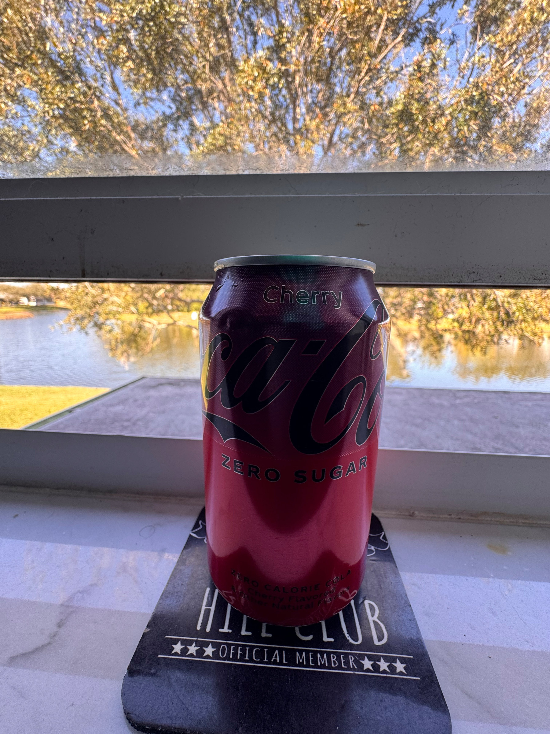 A can of cherry-flavored Coca-Cola Zero Sugar sits on a surface near a window overlooking a sunny outdoor scene with trees and a lake.