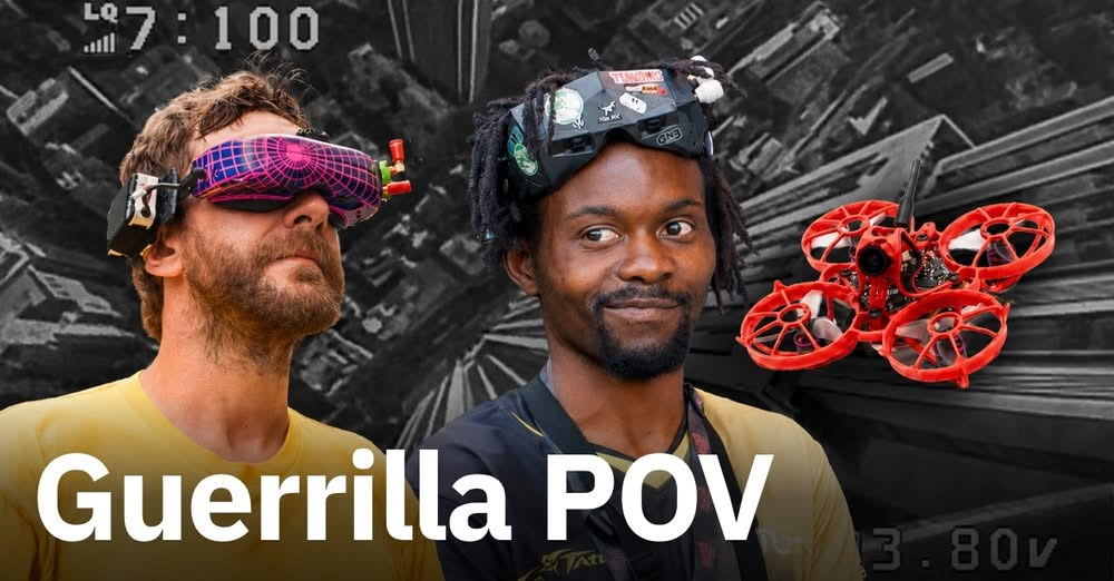 Two men are shown with one wearing FPV drone goggles and the other holding a red FPV drone, with the text Guerrilla POV displayed prominently.