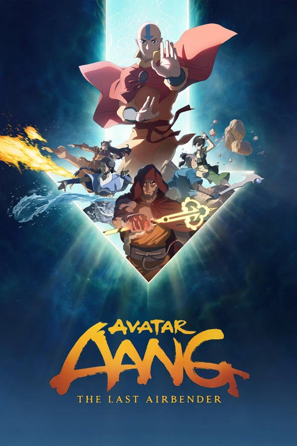 Aang and his friends, representing the elements of water, earth, fire, and air, are depicted in a dynamic pose with the title Avatar Aang: The Last Airbender below them.