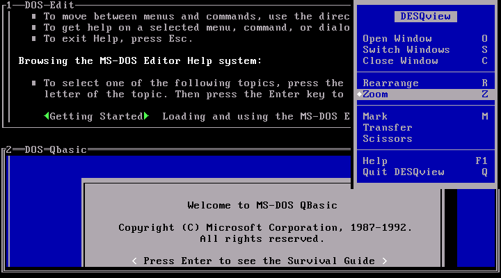 A screenshot showcasing the MS-DOS QBasic editor with menu options and system information displayed.