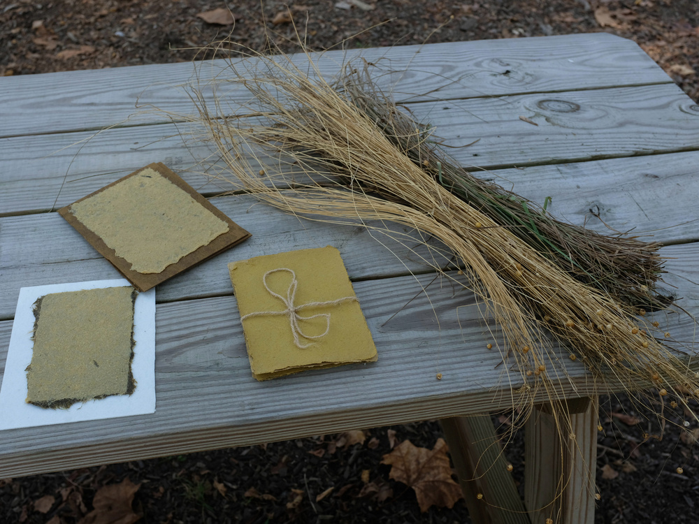 A bundle of dried flax lies on a wooden table alongside handmade paper sheets, one of which is tied with twine.