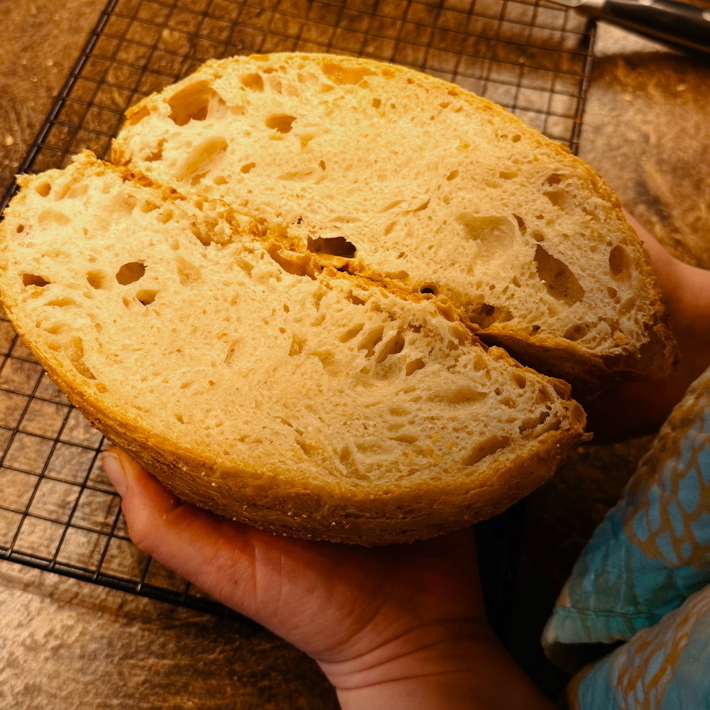 A freshly baked loaf of bread sliced in half is held over a cooling rack on a countertop.