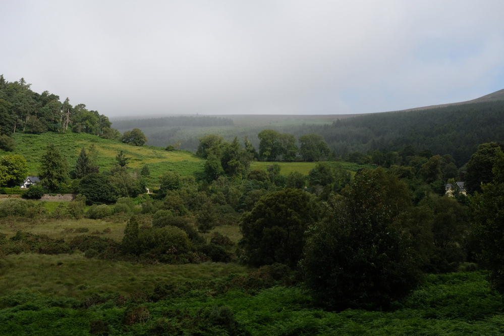 A lush, green landscape features rolling hills, dense forests, and a few scattered houses under a cloudy sky.