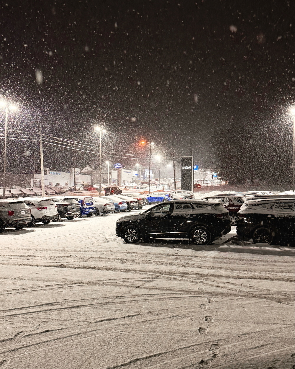 A snow-covered parking lot is illuminated by streetlights on a snowy night.