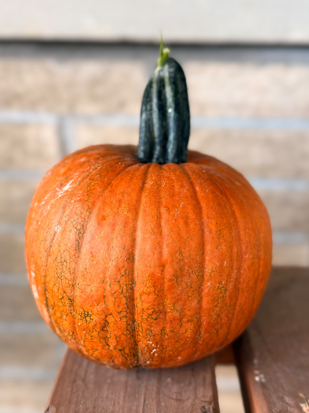 A vibrant orange pumpkin with a dark green stem sits on a wooden surface against a brick background.