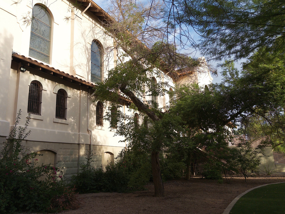 A large white building with arched windows is partially obscured by leafy trees and surrounded by a garden area with a curved pathway.