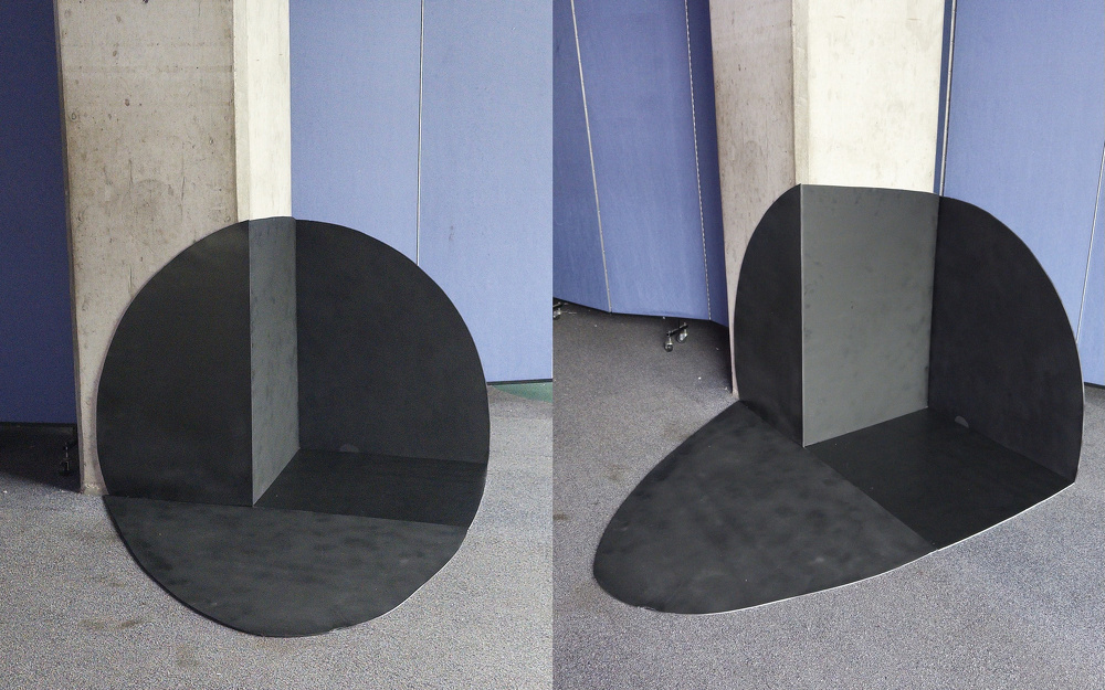Two panels show a round mirror placed in a corner, creating an optical illusion of an extended floor and wall space.