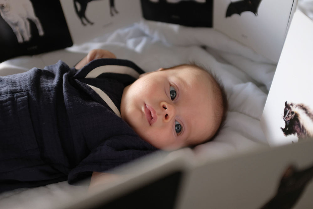 A baby is lying on a soft surface, surrounded by black and white animal pictures.