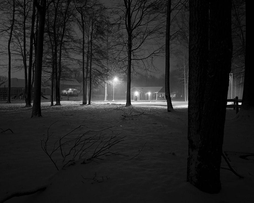 A quiet, snow-covered park is illuminated by a single streetlight, casting shadows from the surrounding trees.