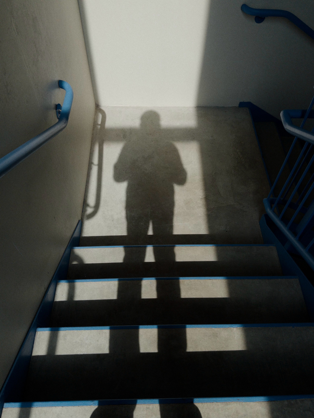 A shadow of a person is cast on the stairs in a well-lit stairwell with blue railings.