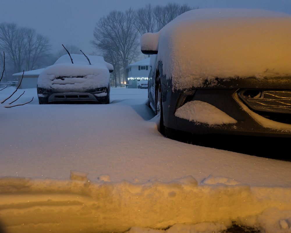 Two cars are covered in a thick layer of snow in a snowy driveway at dusk, with tree silhouettes in the background.
