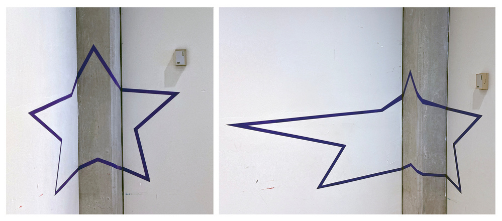 A star-shaped optical illusion is created using tape on a corner of a wall, viewed from two different angles.