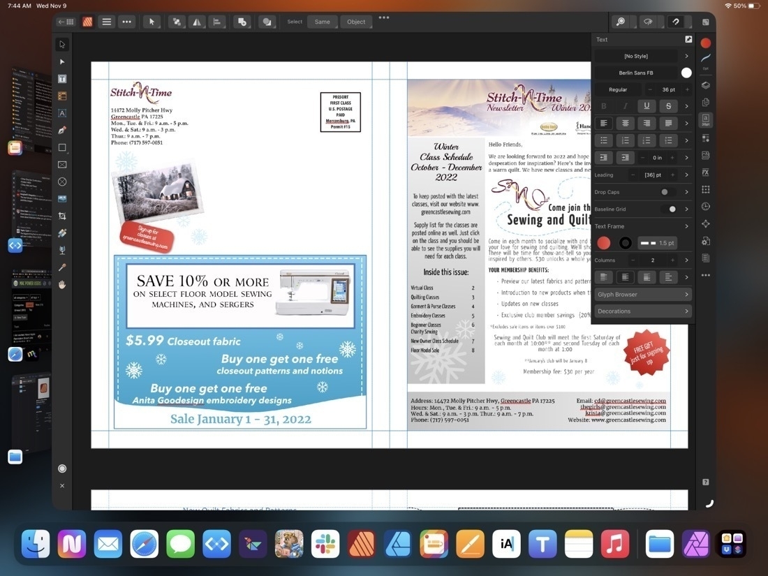 Screenshot showing an iPad screen with an Affinity Publisher document open