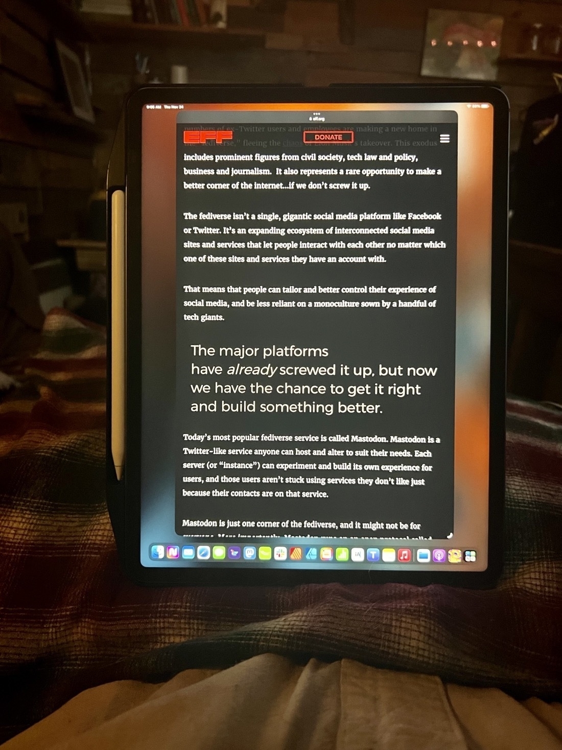 An iPad propped up in portrait mode, photo of backside showing the stand