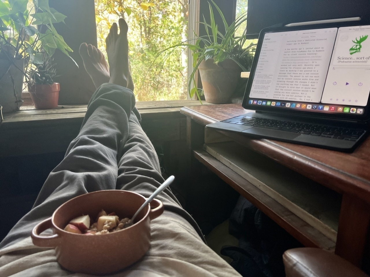 legs extending out from photograph propped up on wood shelf. There is a bowl of oatmeal sitting on a persons lap and to the right a desk with an iPad. Opposite of the person is an open window with light shining in.