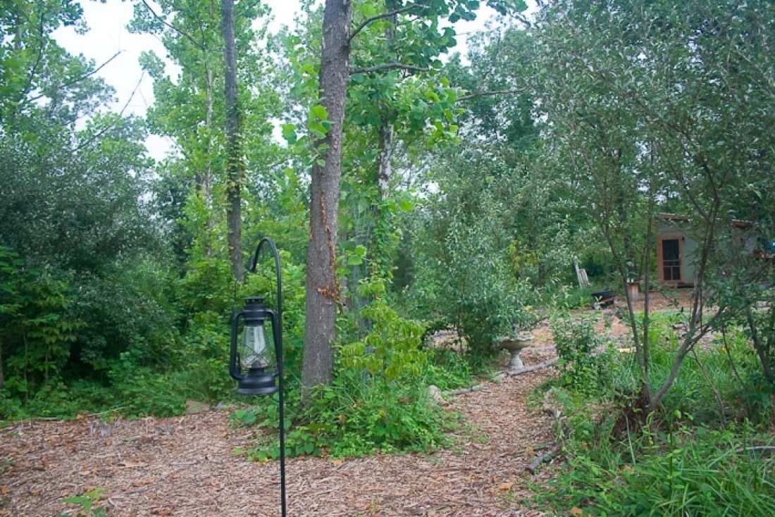 A mulched path with a lantern hanging in the foreground. In the background a green tiny house is barely visible behind a small tree, all in a wooded setting 