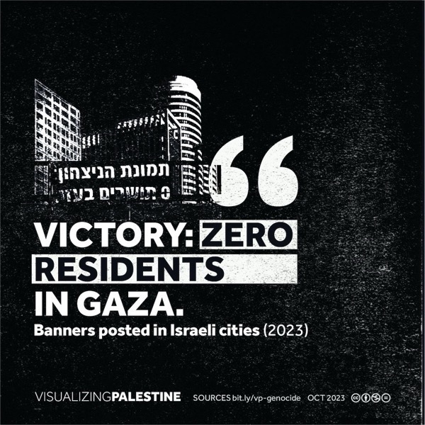VICTORY: ZERO RESIDENTS IN GAZA. Banners posted in Israeli cities (2023) VISUALIZINGPALESTINE SOURCES. OCT 2023 @000
