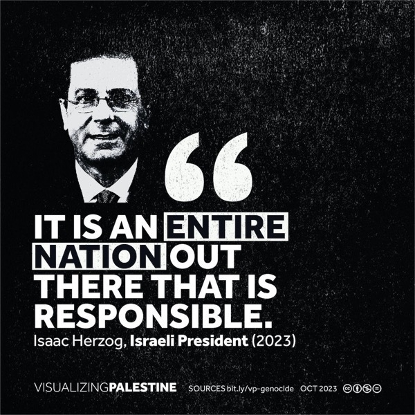 IT IS AN ENTIRE NATION OUT THERE THAT IS RESPONSIBLE. Isaac Herzog, Israeli President (2023) VISUALIZINGPALESTINE SOURCES  OCT 2023