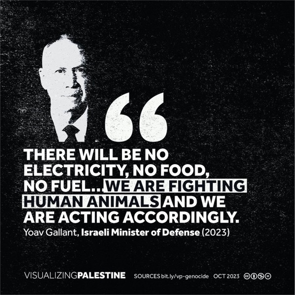 THERE WILL BE NO ELECTRICITY, NO FOOD, NO FUEL.. WE ARE FIGHTING HUMAN ANIMALS AND WE ARE ACTING ACCORDINGLY. Yoav Gallant, Israeli Minister of Defense (2023) VISUALIZINGPALESTINE SOURCES  OCT 2023