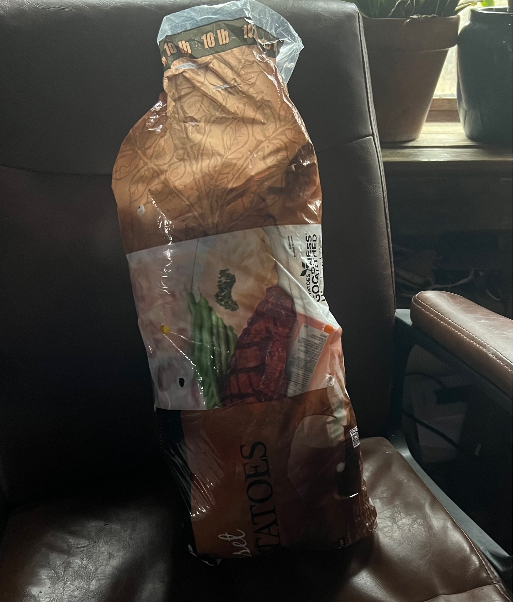 A plastic bag that originally held potatoes is stuffed with 8 weeks worth of waste. The bag sits on a brown chair.