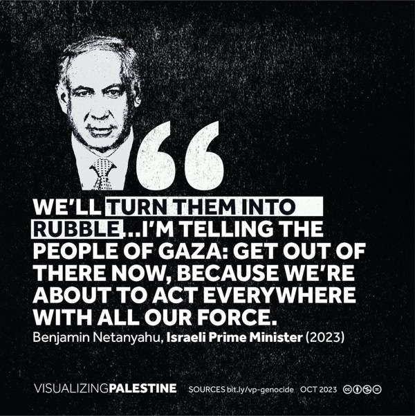 WE'LL TURN THEM INTO RUBBLE!..I'M TELLING THE PEOPLE OF GAZA: GET OUT OF THERE NOW, BECAUSE WE'RE ABOUT TO ACT EVERYWHERE WITH ALL OUR FORCE. Benjamin Netanyahu, Israeli Prime Minister (2023) VISUALIZINGPALESTINE SOURCES  OCT 2023