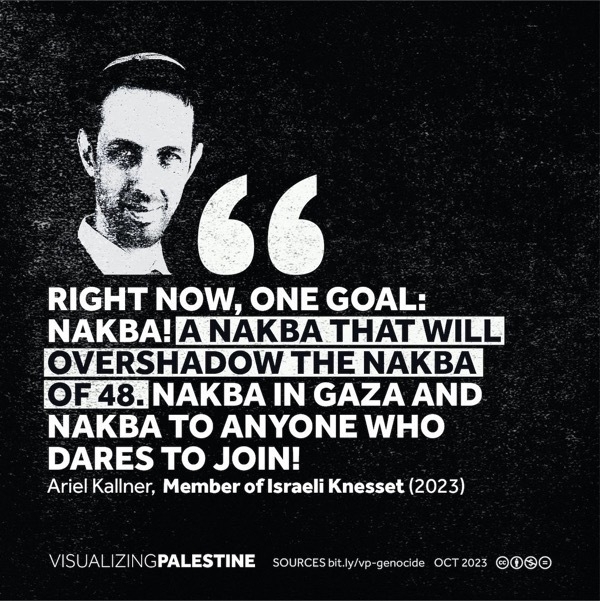 RIGHT NOW, ONE GOAL: NAKBA! A NAKBA THAT WILL OVERSHADOW THE NAKBA OF 48. NAKBA IN GAZA AND NAKBA TO ANYONE WHO DARES TO JOIN! Ariel Kallner, Member of Israeli Knesset (2023) VISUALIZINGPALESTINE SOURCES OCT 2023
