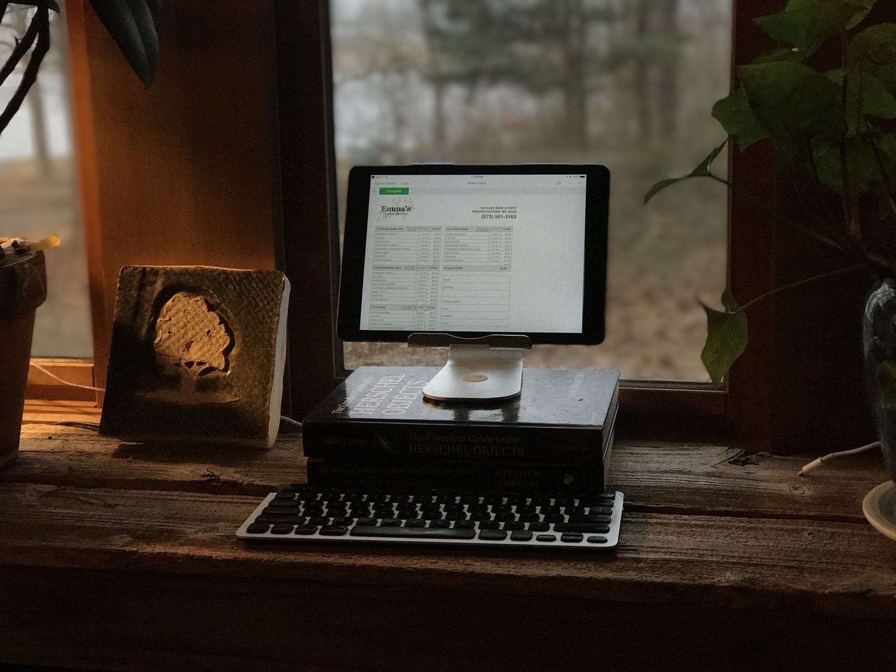 An iPad sits in a stand placed on two books near a window and on an old wood plank shelf or desk. In front of the books is a keyboard. A soft warm light out of frame on the left side. Plants are visible to the left and right of the window and iPad. 